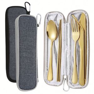 Ensemble d'ustensiles de voyage réutilisables avec logo personnalisé, fourchette, cuillère, couteau, baguettes et paille en acier inoxydable, avec pochette zippée, pour cadeaux événementiels - Product Image 6