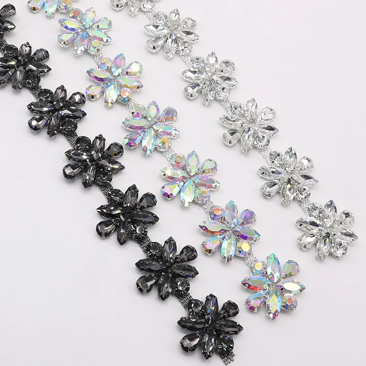 Popular Glass Crystal Rhinestone Flower Chain Trim Sew On Horse Eye Diamond Chain For Crafts Bridal Applique Clothing Dress