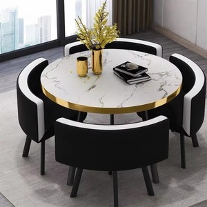 Table ronde moderne en MDF <span class=keywords><strong>de</strong></span> 25 mm, ensemble <span class=keywords><strong>de</strong></span> table à <span class=keywords><strong>manger</strong></span> <span class=keywords><strong>pas</strong></span> <span class=keywords><strong>cher</strong></span>, 1 table et <span class=keywords><strong>4</strong></span> chaises, base en métal pour boutique, centre commercial, maison, bar, hôtel, bureau - Product Image 1