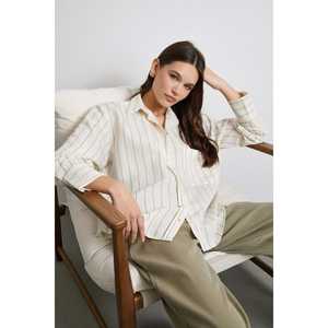 เสื้อเชิ้ตผ้าโมดอลลายทางตัดกัน เสื้อเชิ้ตผู้หญิงติดกระดุม ผ้าป๊อปลินลำลองสำหรับทุกวัน สีกากี - Product Image 1