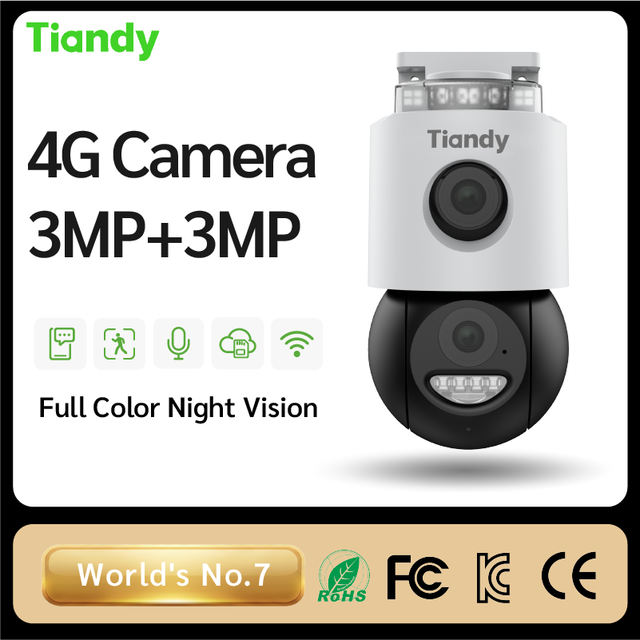Tiandy 3MP+3MP 4G LTE Camera Human Vehicle Detection Full Color Night Vision Warning Light Two Way Talk