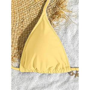 Conjunto de Bikini Halter Personalizado para Mujer, Top Triangular Amarillo, Tanga de Corte Alto, Traje de Baño Elástico de Spandex y Poliéster, Ropa de Playa - Product Image 2