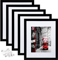 Ensemble de 5 cadres photo en bois massif noir personnalisés avec/sans passe-partout pour collage mural ou sur table
