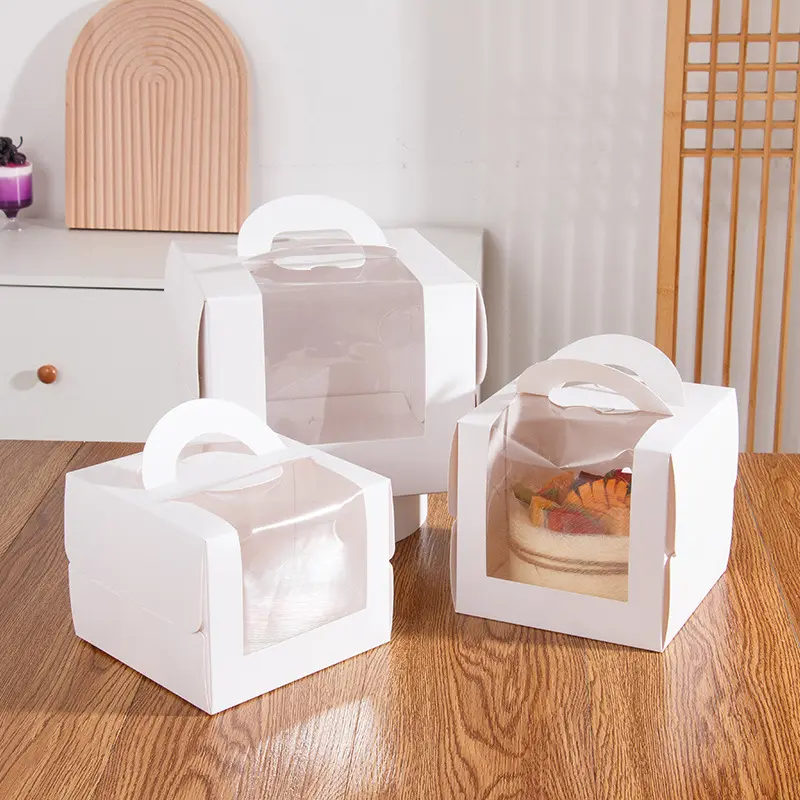 3/4/6/8 inch Birthday Cake Box White Hand Open Window Transparent Mousse Dessert Baking Birthday Cake Packaging Box