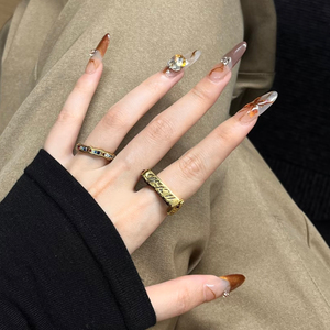 <span class=keywords><strong>Uñas</strong></span> Postizas Hechas a Mano, Forma Almendrada, Color Marrón Medio Degradado a Nude con Pedrería, <span class=keywords><strong>Uñas</strong></span> Acrílicas Reutilizables para Uso Diario y Fiestas - Product Image 2