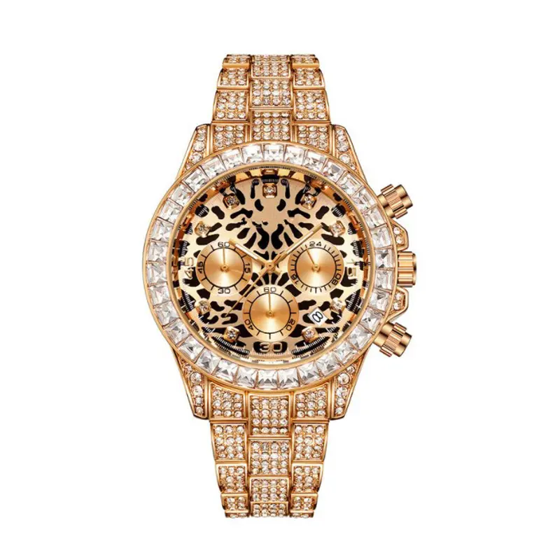 Popolare quadrante leopardato con stampa pieno di diamanti per uomo e donna unisex calendario unico orologio d'oro