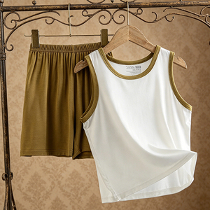 <strong>Boys</strong> and Girls Sleeveless Air-conditioned Clothing Children's Yoke Eco Silk Vest Set Solid Color Baby Home Clothes - Product Image 2