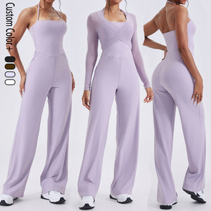 Set pakaian kasual wanita, Halter tali leher, Bodysuit olahraga, jumpsuit belakang terbuka, rompi ketat berkobar - Product Image 3