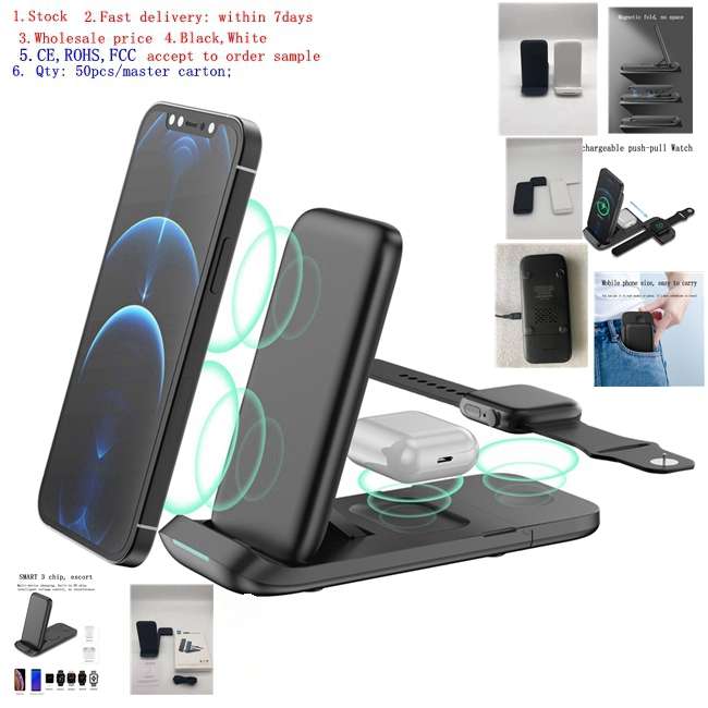 Opvouwbare Led Nieuwe 10W 3 Snelle Dock Qi Magnetische Stand Universal 15W Draadloze Laadstation Telefoon 4 In 1 Draadloze Oplader
