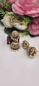 Luxury Vintage Handcrafted Kundan Polki Jhumka <b>Earrings</b> with <b>Emerald</b> Ruby Accents & Drops | Gold Plated Bridal <b>Earrings</b> set - Product Image 3