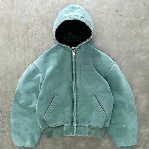 Sudadera con capucha y cremallera de mezclilla de 500 g/m² con efecto desgastado vintage, lavado ácido y mangas abullonadas, de alta calidad y personalizada - Product Image 2