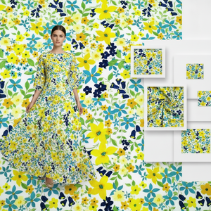 ผ้าฝ้ายลิเบอร์ตี้ออร์แกนิค คอมบ์ด วูเวน ป๊อปลิน พิมพ์ลายดอกไม้เล็กสีฟ้าเหลือง ผ้าเรียบ สำหรับชุดเดรสผู้หญิงและเด็ก สวมใส่สบายๆ - Product Image 1