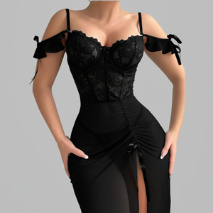 Wholesale Women's Sexy Knee-Length Nightdress Lingerie Erotic Hollow Transparent Lace Embroidery Pajamas Lovely Satin Fabric - Product Image 5