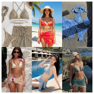 New and Original Women Floral Print <b>Bikini</b> Set Halter Top Asymmetric Skirt Bottom Stretch Swimwear <b>3</b> <b>Piece</b> Spandex Polyester - Product Image 3