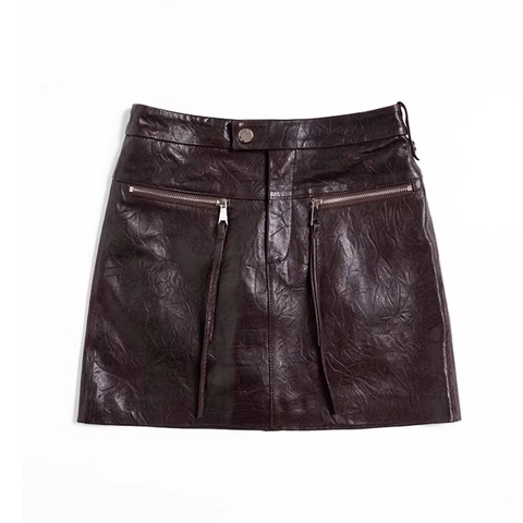 5402 Beautiful  Short Skirt Genuine Vegetable Tanned Sheepskin Scratches Leather A-line Skirt with Zipper for Women