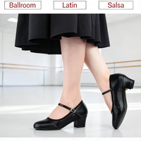 Chaussures de danse latine noires en cuir véritable pour femmes, idéales pour la salsa et la danse de salon, avec talon de 4 cm et semelle en caoutchouc, parfaites pour l'entraînement.