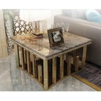 Table d'appoint de luxe au design italien, style moderne du milieu du siècle, avec plateau en acier inoxydable brillant et en marbre, pour salon, appartement, école