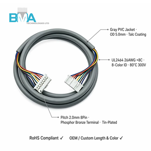 JST PH 2.0mm Pitch 8-pins draadkabelboom 460mm UL2464 26AWG 8-aderig grijze mantelkabel met 5mm verzinkte uiteinden voor PCB - Product Image 4