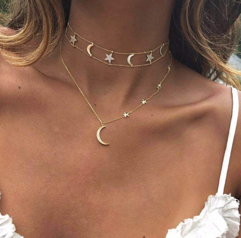 Argent Or Plaqué Multi-couche cristal Lune étoile Pendentif Collier Tour de Cou Bijoux Argent Or Plaqué Multi-couche cristal Lune étoile Pendentif Collier Tour de Cou Bijoux