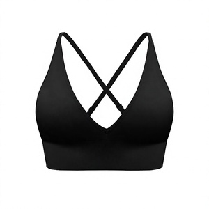 Soutien-gorge de sport noir à décolleté plongeant en V et dos croisé avec bretelles réglables – Haut d'entraînement - Product Image 1