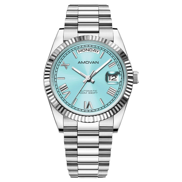 Men's 40mm Stainless Steel Mechanical Watch with Sapphire Crystal Day and Date Display Business Style 22mm Steel Band
