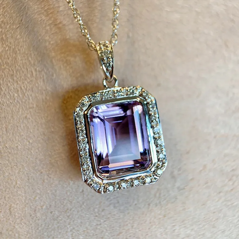 CAOSHI Trendy Silver Plating Sparkle Cubic Zirconia Wedding Necklace Women Elegant Purple Crystal Rhinestone Rectangle Necklace