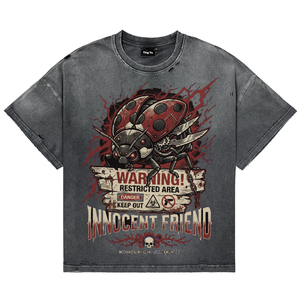 T-shirts respirants pour hommes, style streetwear oversize, gris délavé vintage, motif coccinelle cyberpunk avec impression de lettres, pour la vente en gros - Product Image 1