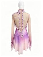Robe de patinage artistique à manches longues asymétriques rose et violet dégradé, dos ouvert en maille, ornée de strass pour la compétition