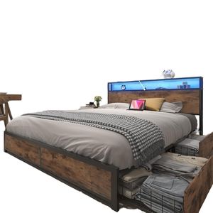 Lifezone Modernes Design Queensize-Bettgestell mit 2-stufigem Stauraum-Kopfteil, Metallplattform, 4 Schubladen, Integrierter Ladestation und LED - Product Image 1