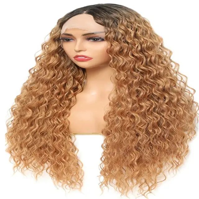 Ombre Blonde Lace Front Wigs for Women Long Curly Hair 2 Tone Ombre Black to Brown Natural Heat Resistant Synthetic Daily Wigs