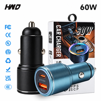 Adaptateur de chargeur de voiture à technologie GaN 60W PD3.0 PPS avec indicateur lumineux RVB, sortie Type-A Type-C, pour smartphone, tablette, ordinateur portable