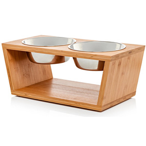 Support de gamelles surélevé en bambou pour animaux de compagnie avec gamelles en acier inoxydable – Design moderne pour chiens et chats - Product Image 2