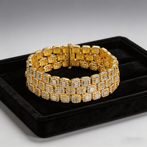 Luxury 10K <b>Solid</b> Gold <b>Bracelet</b> With Baguette Cut Diamonds Geometric Design Channel Setting Unisex Chain Link Jewelry - Product Image 3