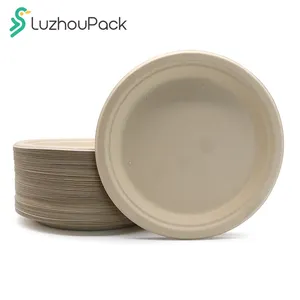 LuzhouPack 9 Inch Greaseproof Microwavable Eco Friendly Disposable Biodegradable Sugarcane Bagasse Plate Paper for Wedding