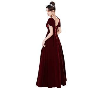 Red Velvet A-Line Wedding Dress V-Neck Natural Waist Claret Color Vintage Style for Brides Engagement Banquet Mother's Day - Product Image 5
