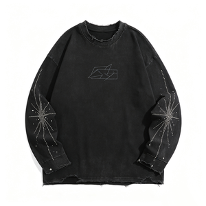 T-shirt décontracté streetwear à manches longues effet vieilli, motif lignes géométriques, étoiles scintillantes et strass, col et ourlet effilochés - Product Image 3