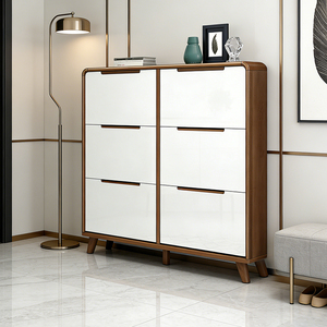 Zapatero Moderno Abatible de 3 Niveles en Color Nogal y Blanco, Almacenamiento Ultrafino y Estrecho con Marco de Madera Sólida <span class=keywords><strong>para</strong></span> Sala de Estar - Product Image 2