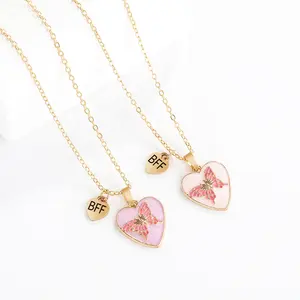 Customized Gold Plated Enamel Butterfly Heart Pendant Cute Kids Girls BFF Friendship Necklaces Parties Engagements Set