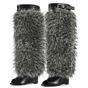 Bottes d'été à talons compensés hauts et bout ouvert, personnalisées, longues et moelleuses, pour femmes, avec boucles de ceinture sur le dessus, hauteur genou, en fourrure - Product Image 3