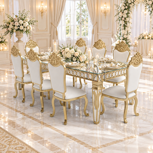 Luxury Stainless Steel <b>Mirror</b> Top Dining Table Set with <b>Ornate</b> High Back Chairs for Wedding Banquet Supply - Product Image 2