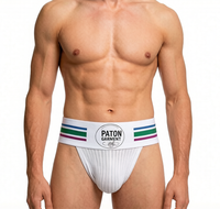 Celana Dalam Jockstrap Pria Putih Lembut dan Bernapas dari Bahan Spandex/Katun Bergaris dengan Pinggang Bergaris Pelangi