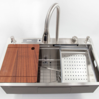 Évier de cuisine Thsink Smart Modern 75x45 à cuve unique, fait main, en acier inoxydable 304 noir, épaisseur 3,0 cm, multifonctionnel