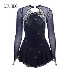 Robe de patinage artistique sur glace Enfants bleu foncé Costume de danse Salsa Ballroom Skate Dress Girl Dancewear Costumes