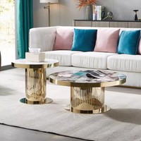 Ensemble de tables basses modernes en marbre avec base en acier inoxydable doré, tables gigognes rondes, meubles décoratifs pour salon