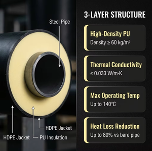Tuyau/Conduit/<span class=keywords><strong>Tube</strong></span> d'isolation en mousse de polyuréthane <span class=keywords><strong>PE</strong></span> <span class=keywords><strong>pré</strong></span>-<span class=keywords><strong>isolé</strong></span> à enrobage direct, noir, conductivité thermique 0,033 W/mK, design moderne - Product Image 4