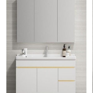 Meuble-lavabo de salle de bain CR blanc 90 cm avec armoire miroir, vasque en céramique monobloc, lavabo moderne en bois massif - Product Image 1