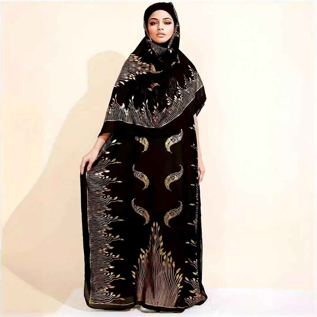 black and gold dress muslimah Women Lady Vintage Summer African Muslim Pattern Print Foil Robe Abaya Kanga Clothing With Tassels Headwrap occasion:party