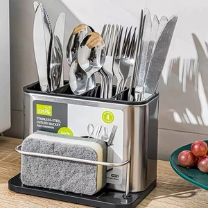 Conteneur de rangement pour ustensiles de <span class=keywords><strong>cuisine</strong></span> multifonctionnel 3 en <span class=keywords><strong>1</strong></span> en acier inoxydable avec <span class=keywords><strong>bac</strong></span> d'égouttement intégré, porte-baguettes et porte-cuillères - Product Image 1