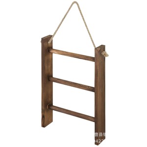 Wooden Wall Mounted Towel Rack 3 Bars With Rope Hanging For Bathroom Storage Organizer Shelf Decorative <b>Ladder</b> Style - Product Image 5