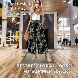กางเกงขายาวทรงตรงลายดอกไม้สำหรับผู้หญิง Bestbee สวมใส่สบาย เอวยางยืดสูง ทรงคาร์โก้ ระบายอากาศได้ดี เหมาะสำหรับฤดูร้อน ทรงหลวม ใส่ได้ทุกโอกาส - Product Image 2